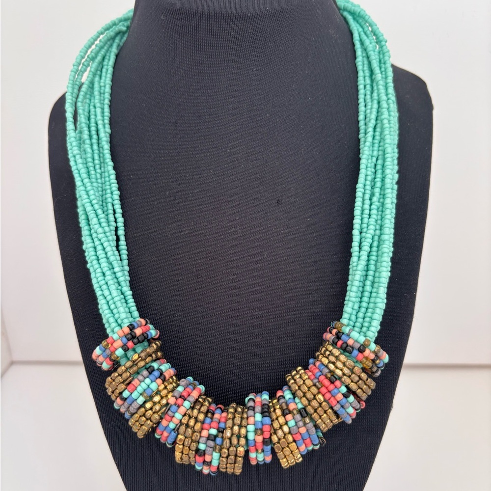 Boho Statement Necklace: Turquoise Beaded Multi-Strand Mosaic Bib - Picture 4 of 10